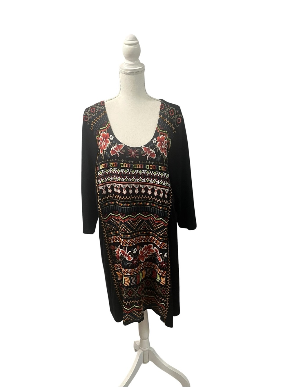 Johnny Was Artisan Floral Embroidery  Bohemian Knit Dress XL J30717-7 Black